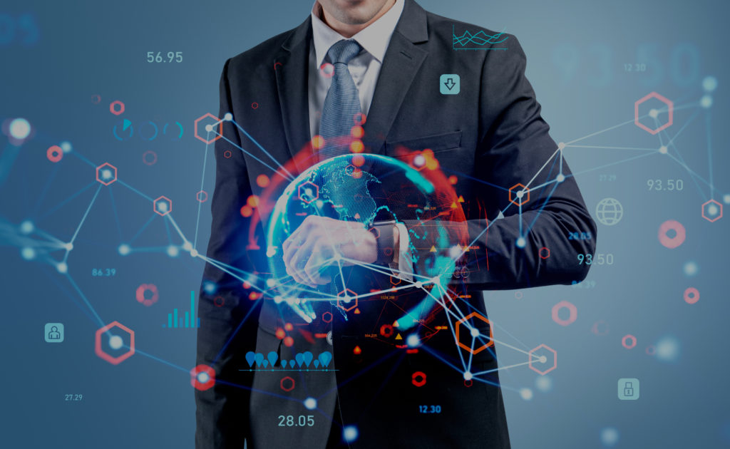 Businessman wearing formal suit is checking time on watches. Blue background. Digital interface with hologram of virtual globe with pie and bar diagrams. Concept of internet communication